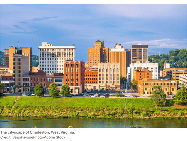 Charleston, West Virginia, downtown skyline across the river on a sunny day.