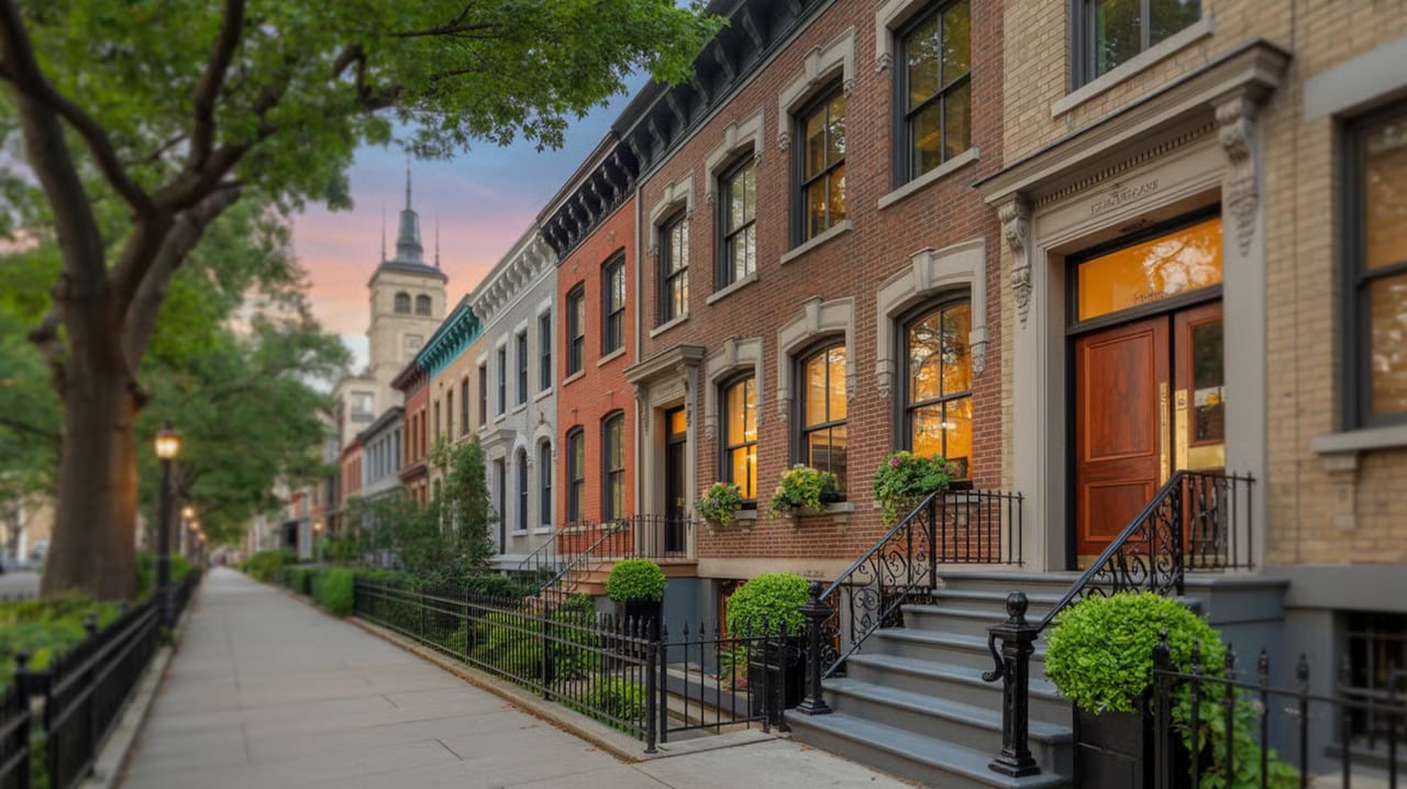 Attached brick townhouses with iron stoop railings and warmly lit windows along a leafy sidewalk at dusk.