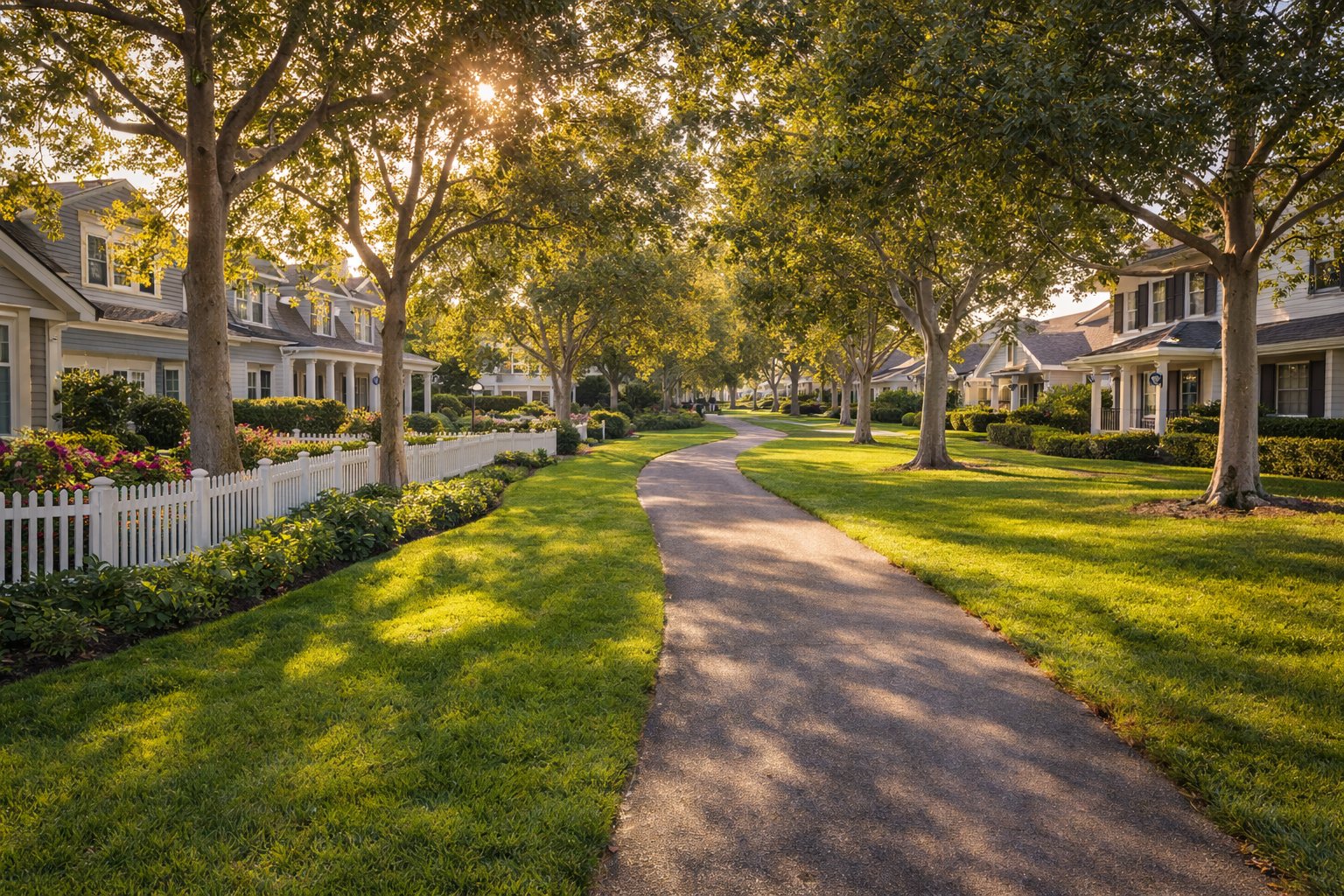 Greenbelt walking path and well-kept homes in the Harbor View Port Streets neighborhood, Newport Beach