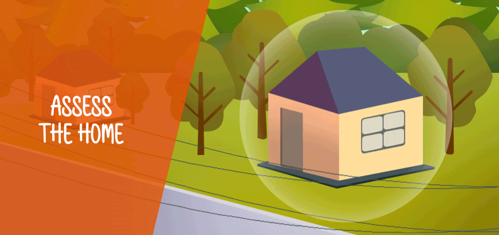 Illustration of a house among trees with the instruction “Assess the home.”