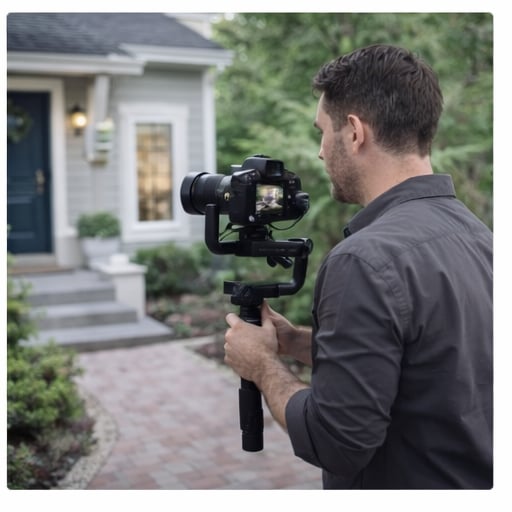 Real estate videographer filming the exterior of a home for a property listing in Connecticut