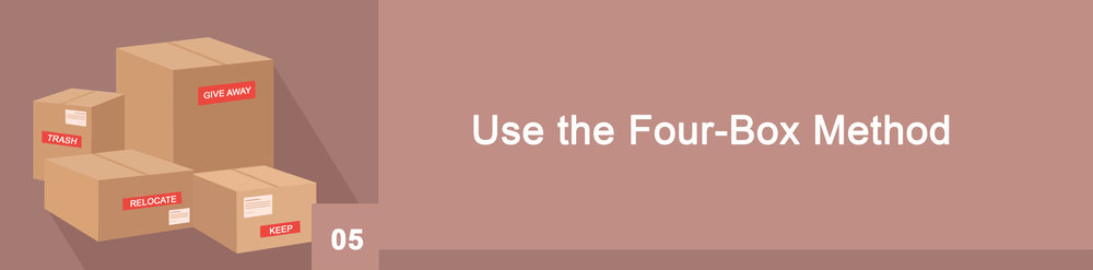 Step 5 of a decluttering guide, illustrating the four-box method with boxes for trash, give away, relocate, and keep.