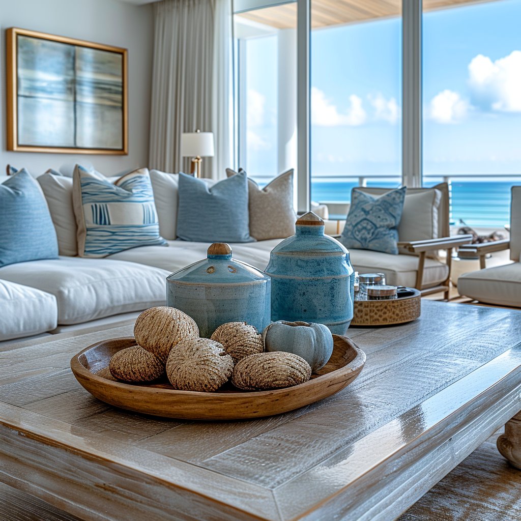 Coastal living room with a white sectional and floor-to-ceiling ocean-view windows.