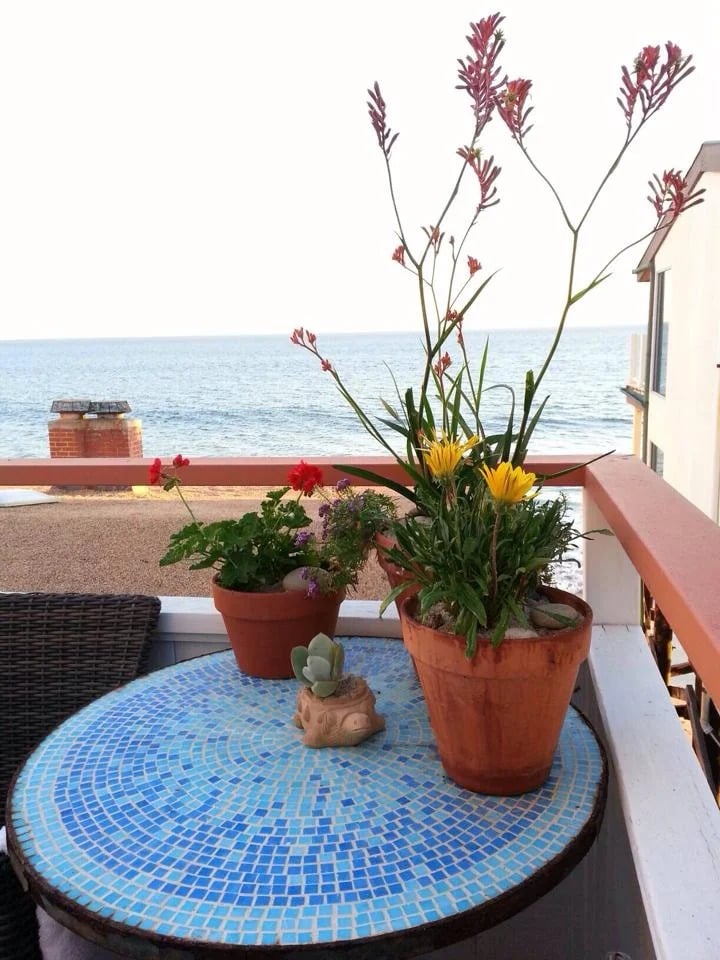 Oceanfront balcony with potted flowers and a round blue mosaic table.