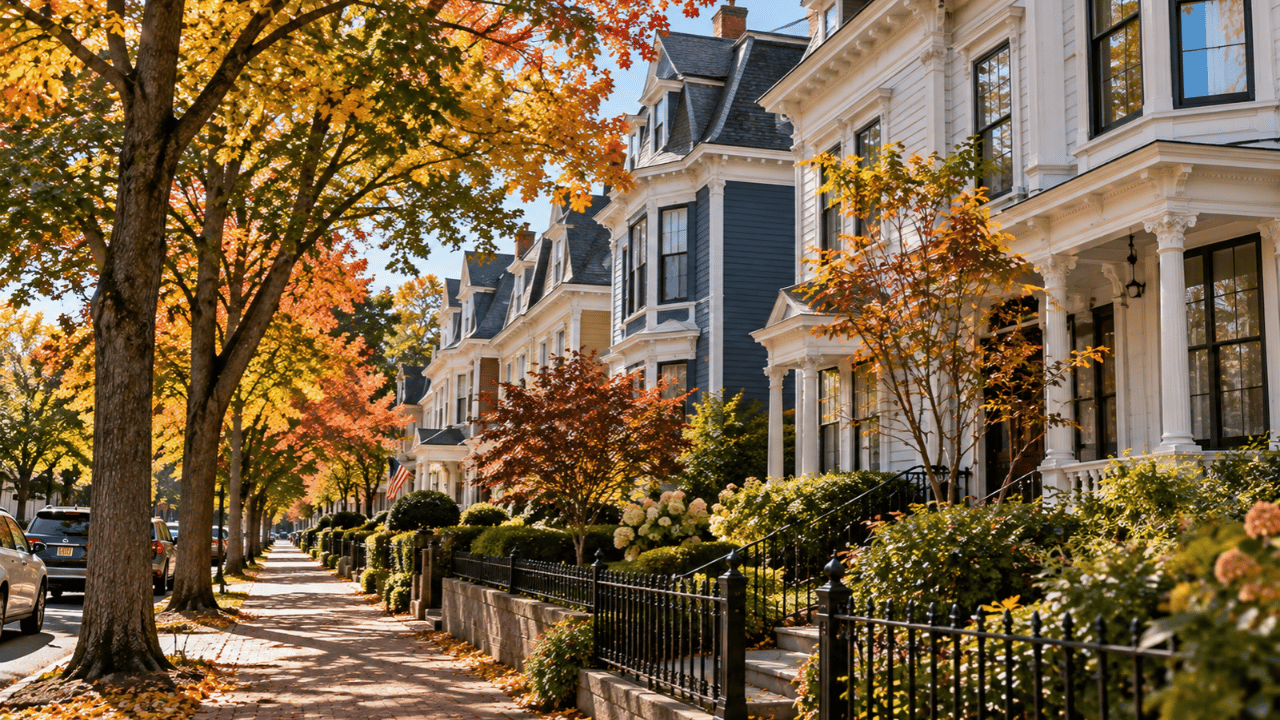 Multi-story homes line a tree-shaded street with golden autumn leaves and black iron fences.