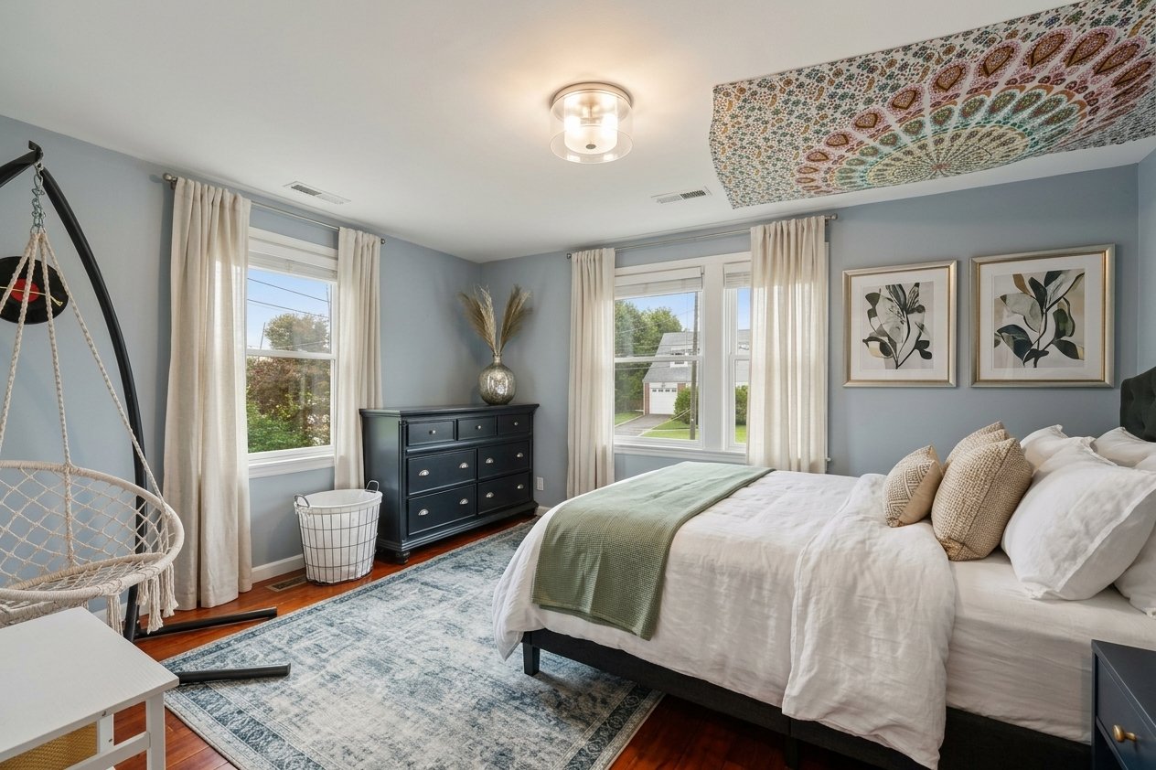 Staged bedroom with a large bed, pale blue walls, and a hanging chair.