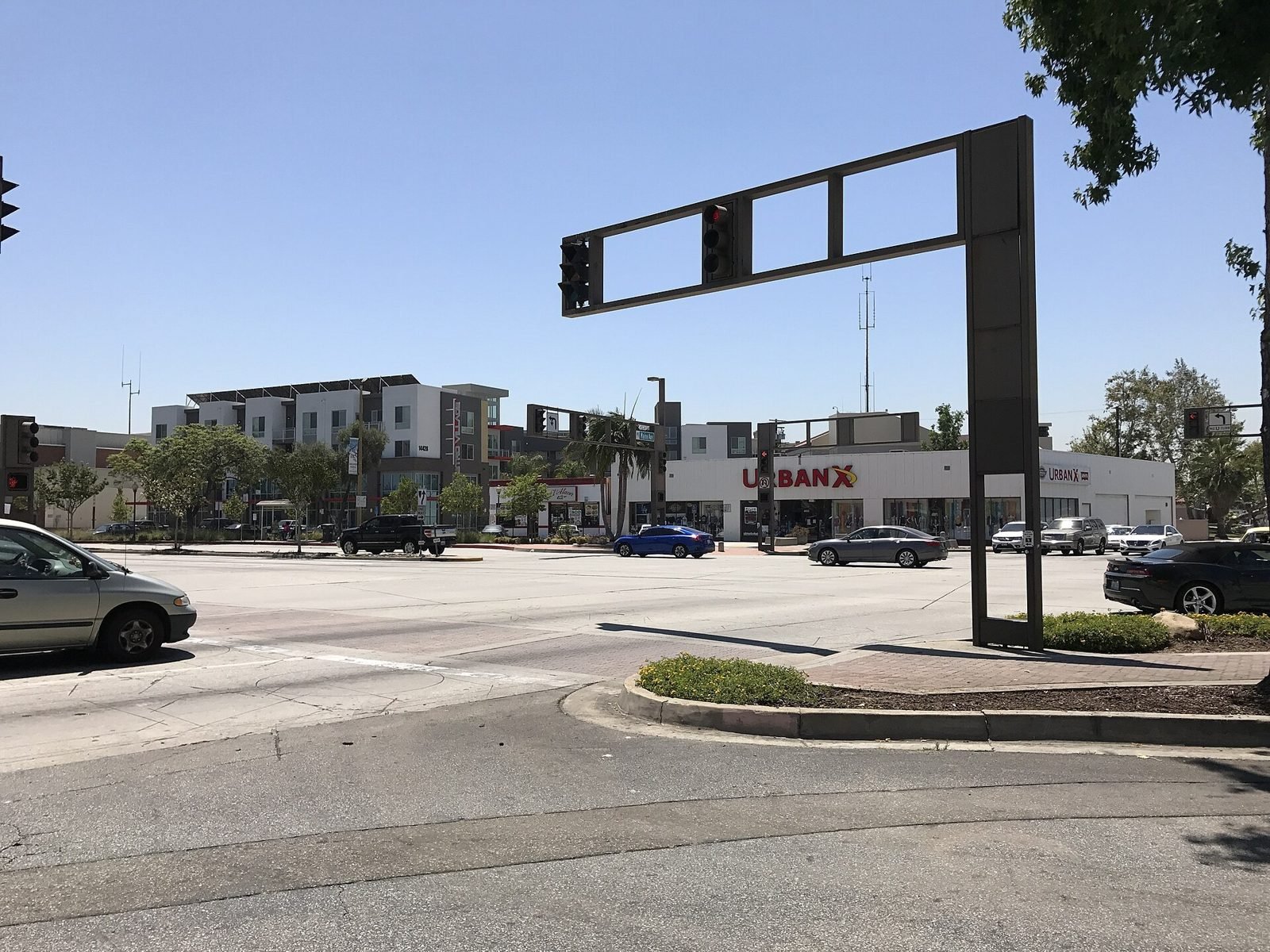 Downtown Baldwin Park street corner and Metro Village housing, June 2017