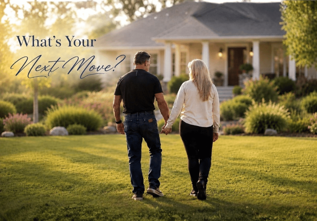 Sharla and Steve Ellis walking hand-in-hand toward a beautiful home, reflecting on empty nesting, homeownership decisions, and planning the next chapter of life.