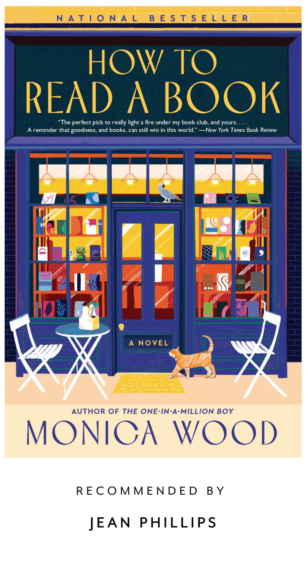 A colorful book cover featuring a cozy bookstore with a cat and outdoor seating, titled "How to Read a Book" by Monica Wood.