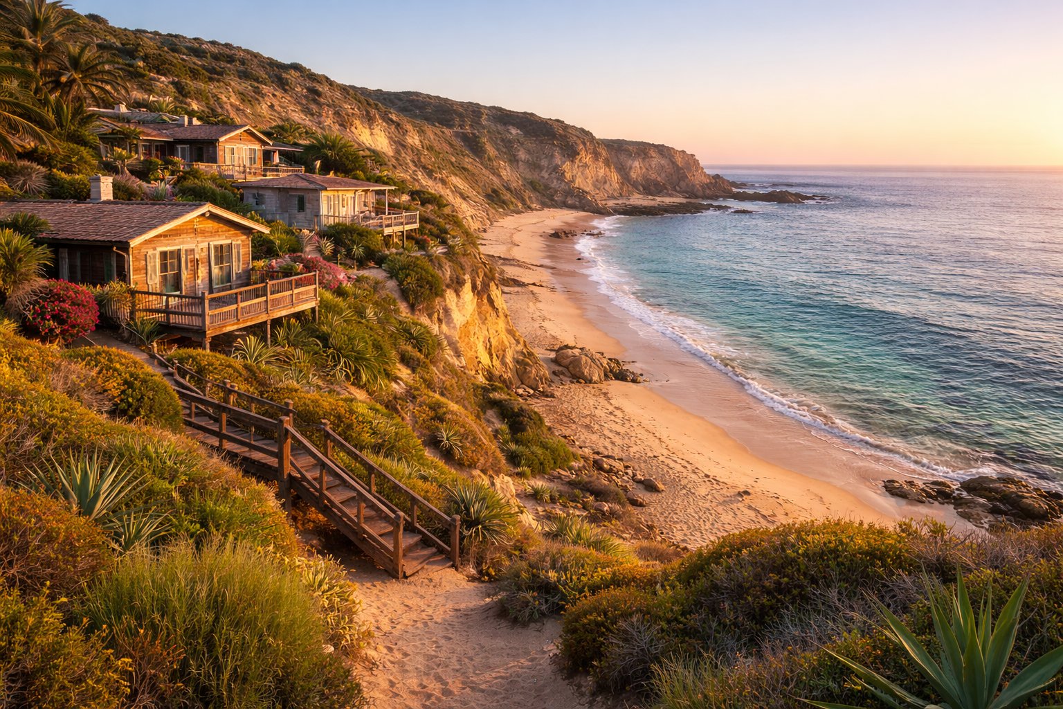 Restored 1930s beach cottages at Crystal Cove State Park adjacent to luxury homes in Newport Beach