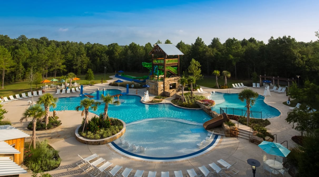 Woodforest community pool with winding swimming areas, palm trees, and a wooden play tower with slides.