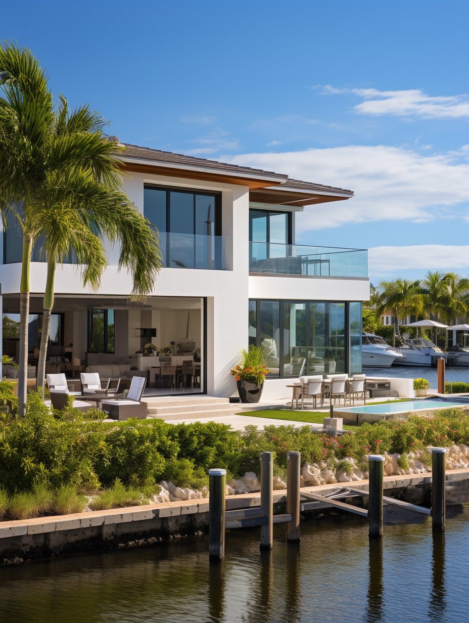Contemporary Naples FL waterfront home with large windows, patio, and tropical landscaping