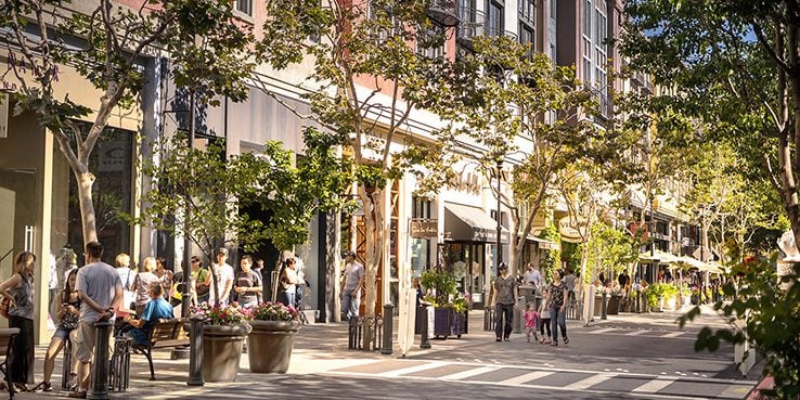 Tree-lined pedestrian shopping street with storefronts, outdoor café seating, and people walking.