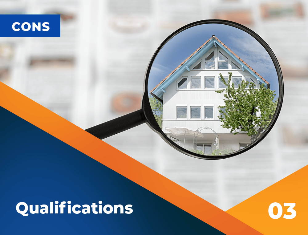 Real estate graphic labeled “CONS” and “Qualifications 03,” with a house shown through a magnifying glass.