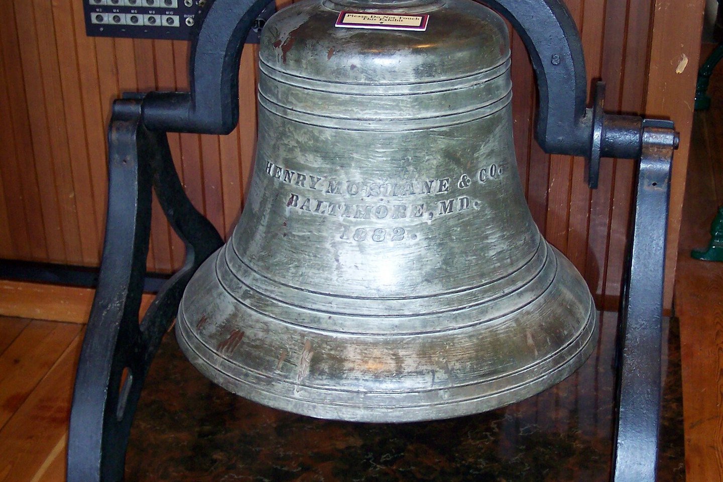 Historical Little Lake School bell displayed at Heritage Park in Santa Fe Springs, photographed in 2009