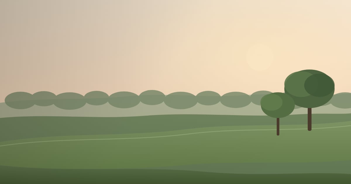 Golden-hour view across a rolling green fairway framed by Southern tree lines.