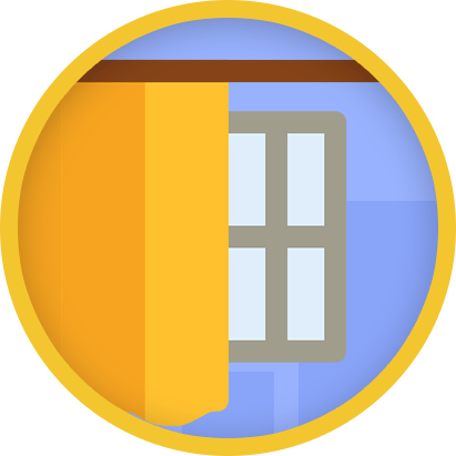 Illustrated window with a yellow curtain.