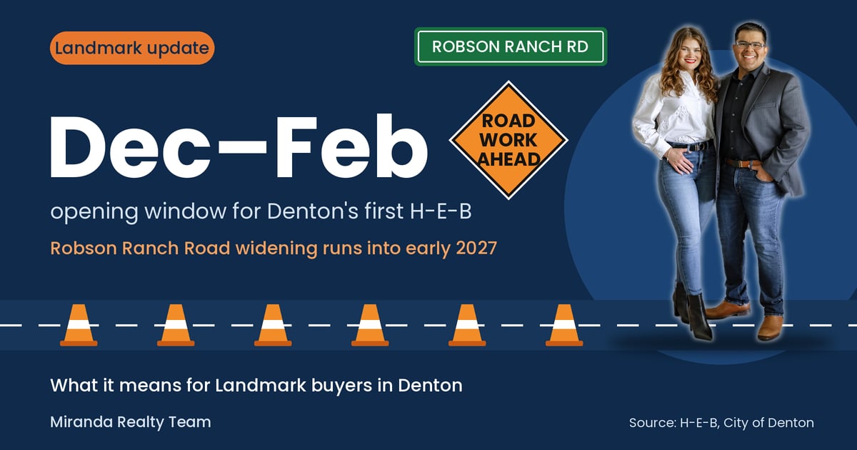 Edson and Paige Miranda of Miranda Realty Team beside a road work sign and a Robson Ranch Rd street sign, with text reading Dec–Feb opening window for Denton's first H-E-B at Landmark.