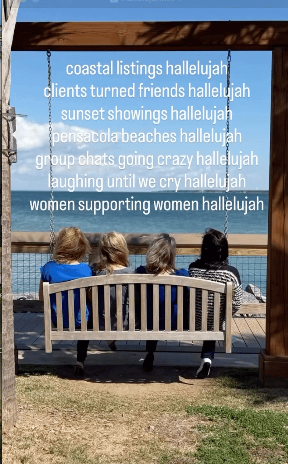 Four women sit on a porch swing facing the ocean, beneath text about coastal listings and friendship.