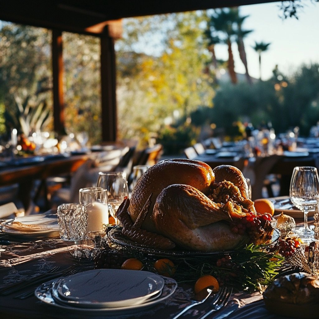 Roast Thanksgiving turkey on a set table, with fruit and greenery in warm window light.