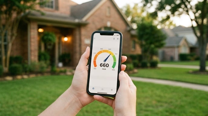 Hands holding smartphone showing credit score of 660 on gauge app, brick home with green lawn in background, Texas.