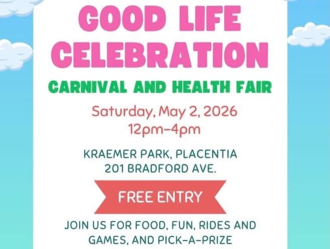 Flyer for the Good Life Celebration carnival and health fair at Kraemer Park, May 2, 2026.