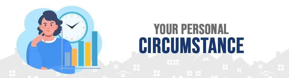 Your personal circumstance; illustration of a woman considering a clock and rising bar chart.