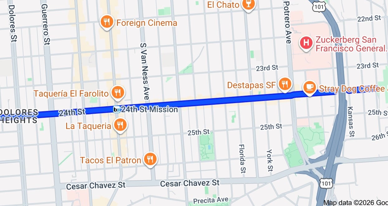 Map showing 24th Street Mission, nearby restaurants, streets, and Zuckerberg San Francisco General Hospital.