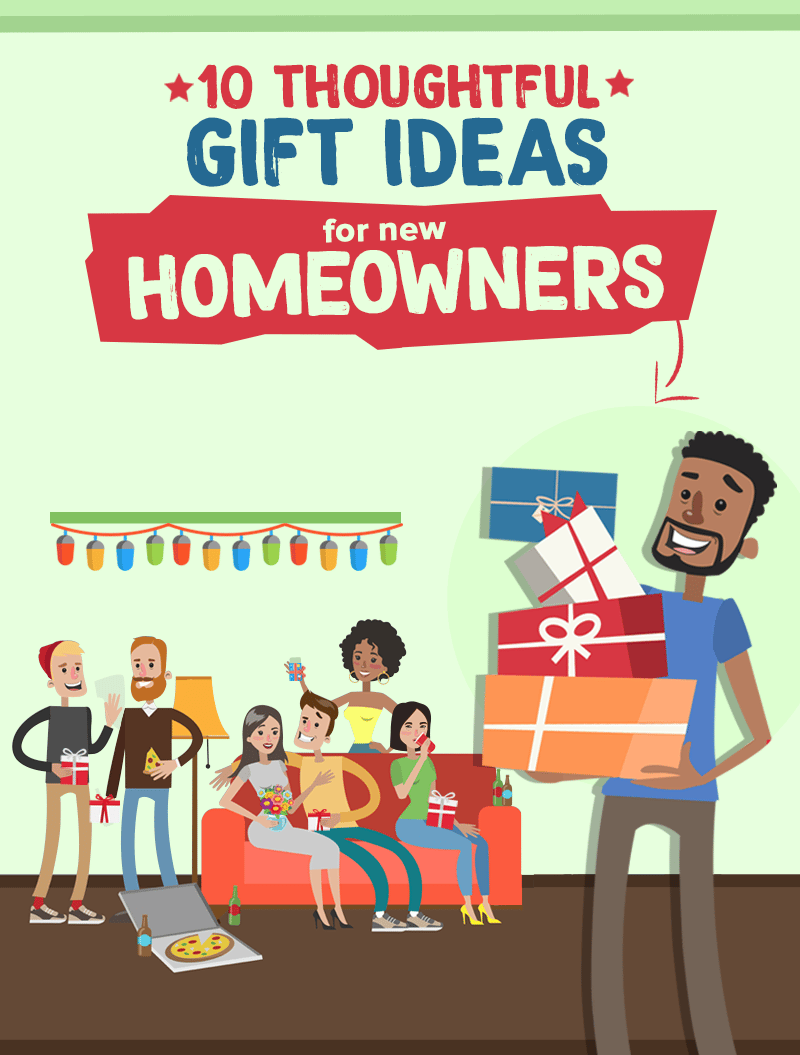 Illustration announcing gift ideas for new homeowners, with people exchanging presents.