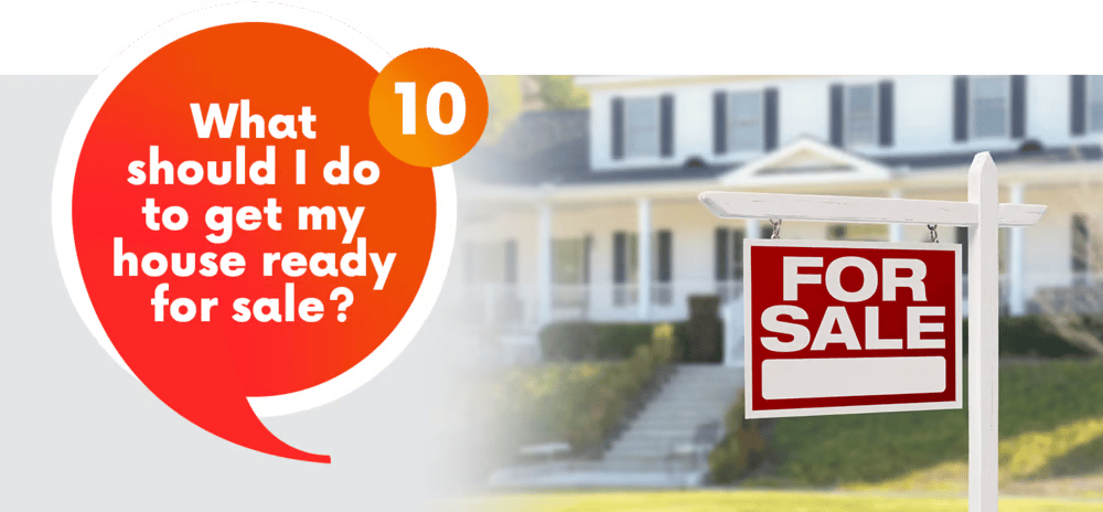 A graphic asks what to do to get a house ready for sale, with a house and for-sale sign.