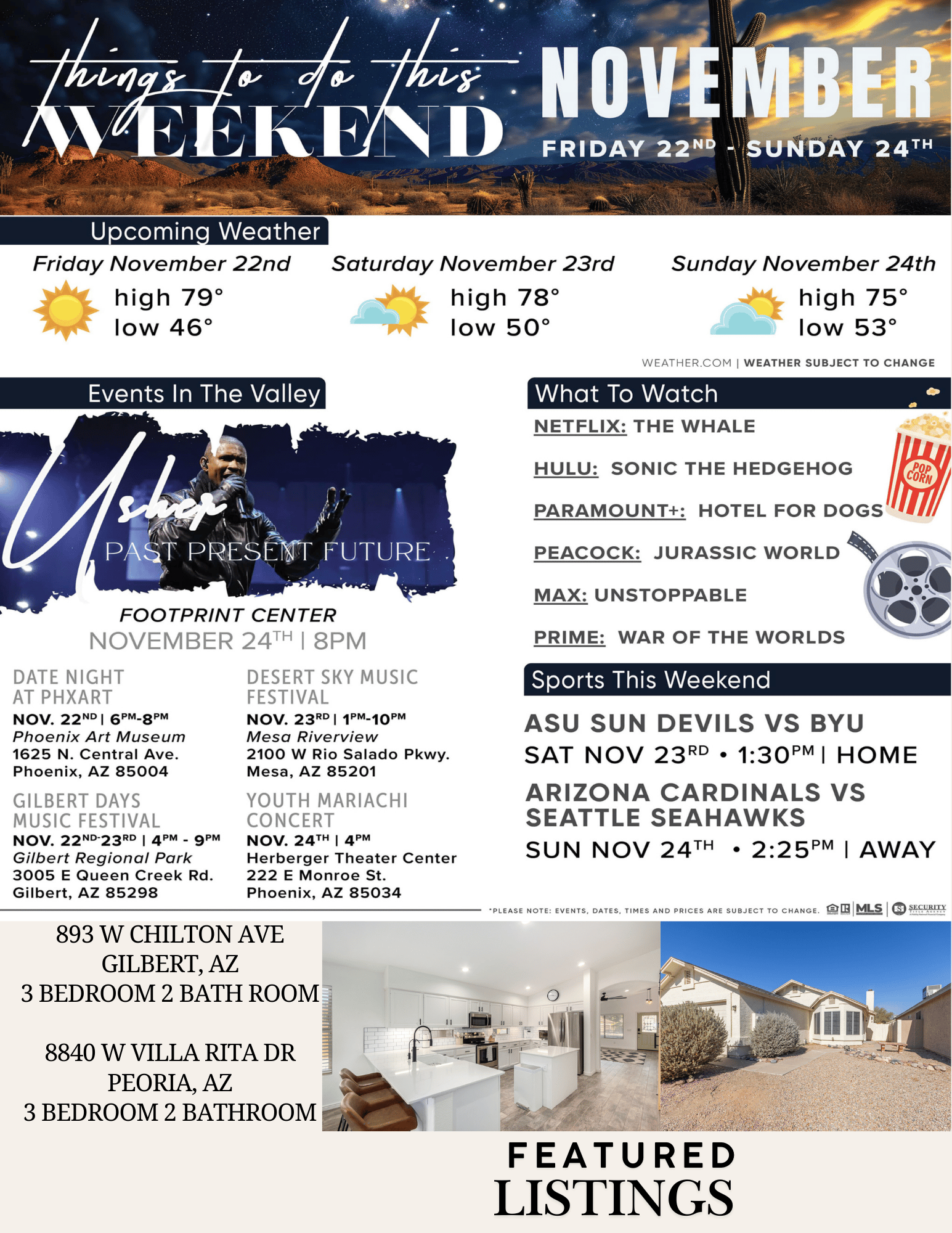 Phoenix weekend guide with weather, events, streaming picks, sports, and featured home listings for November 22–24.