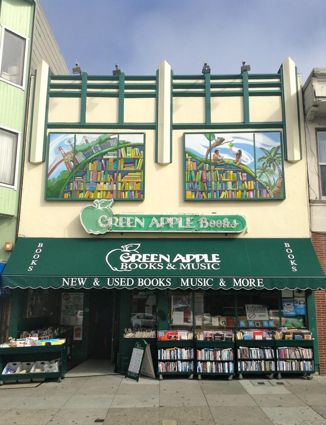 Green Apple Books and Music storefront with mural signage in San Francisco