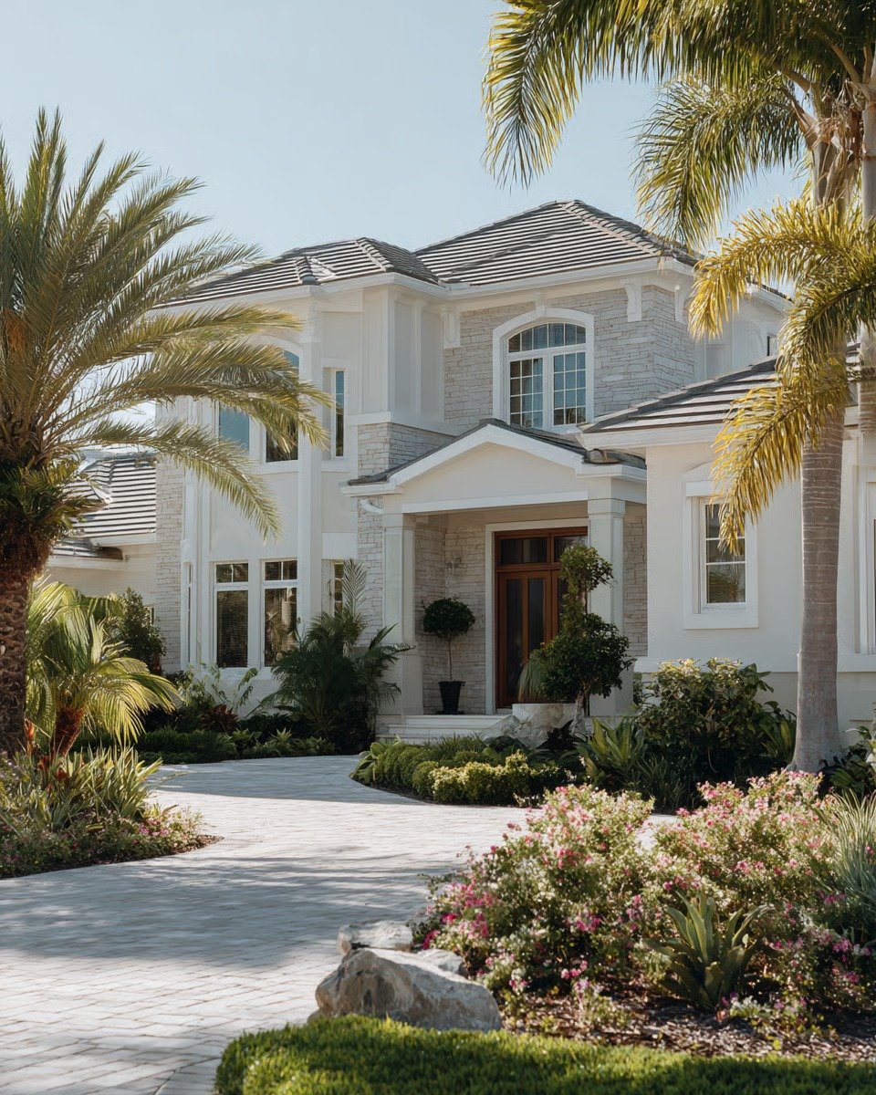 White two-story home with stone accents, framed by palm trees and a landscaped garden.