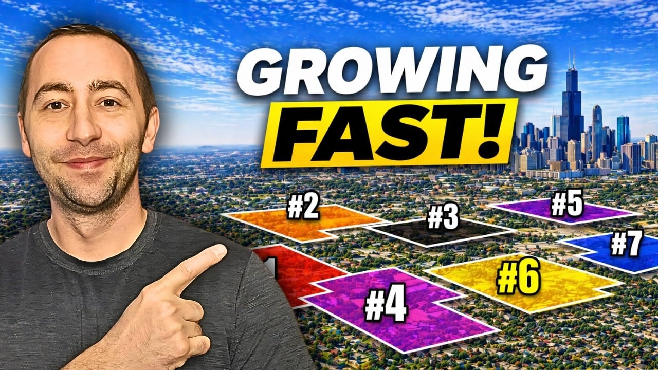 Real estate video graphic: a man points toward numbered map areas beneath “GROWING FAST!”