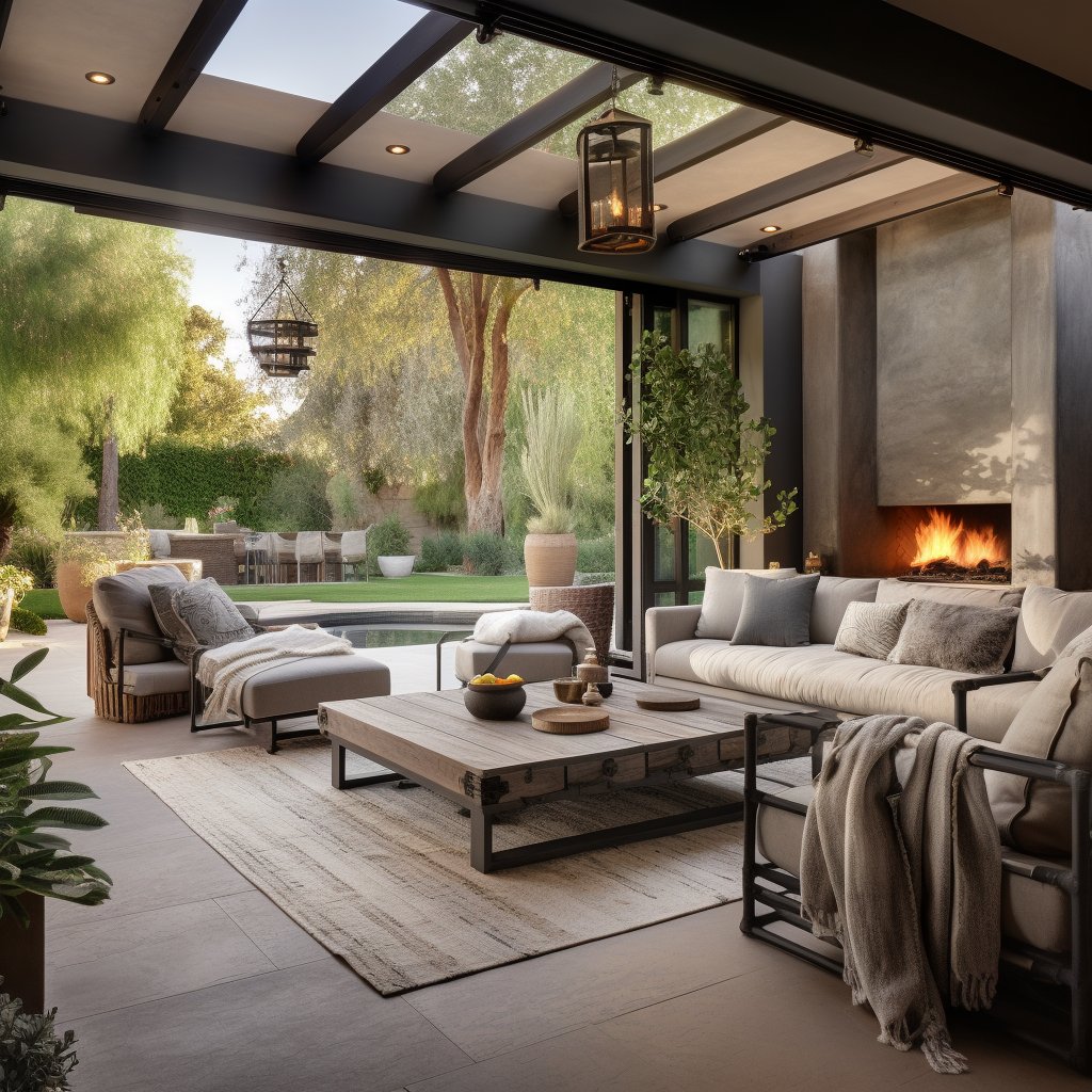 Living room with a stone fireplace and wide glass doors overlooking a landscaped patio and pool.