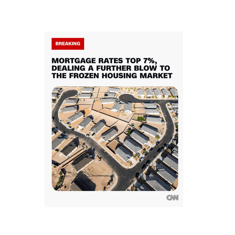 Breaking news graphic about mortgage rates topping 7%, above an aerial view of a suburban housing development.