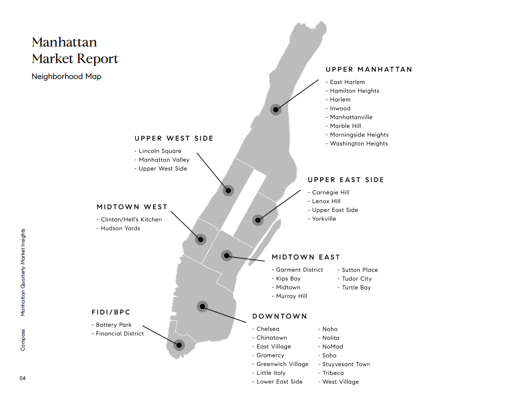 Manhattan neighborhood map with labeled areas from Upper Manhattan to Downtown.