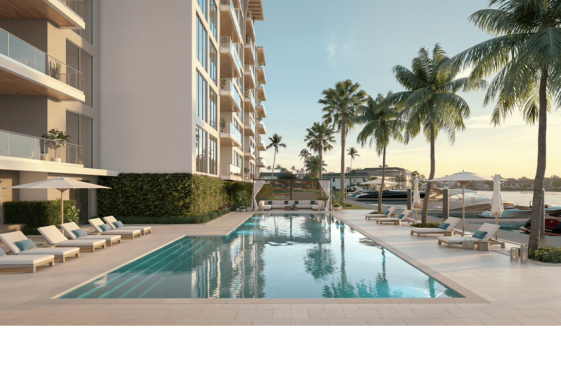 Rendering of the palm-lined pool deck beside the water at 3300 Gulf Shore, Naples