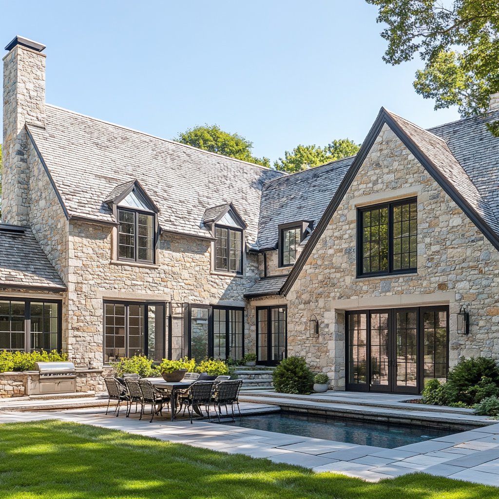 Stone luxury home exterior with pool and outdoor patio