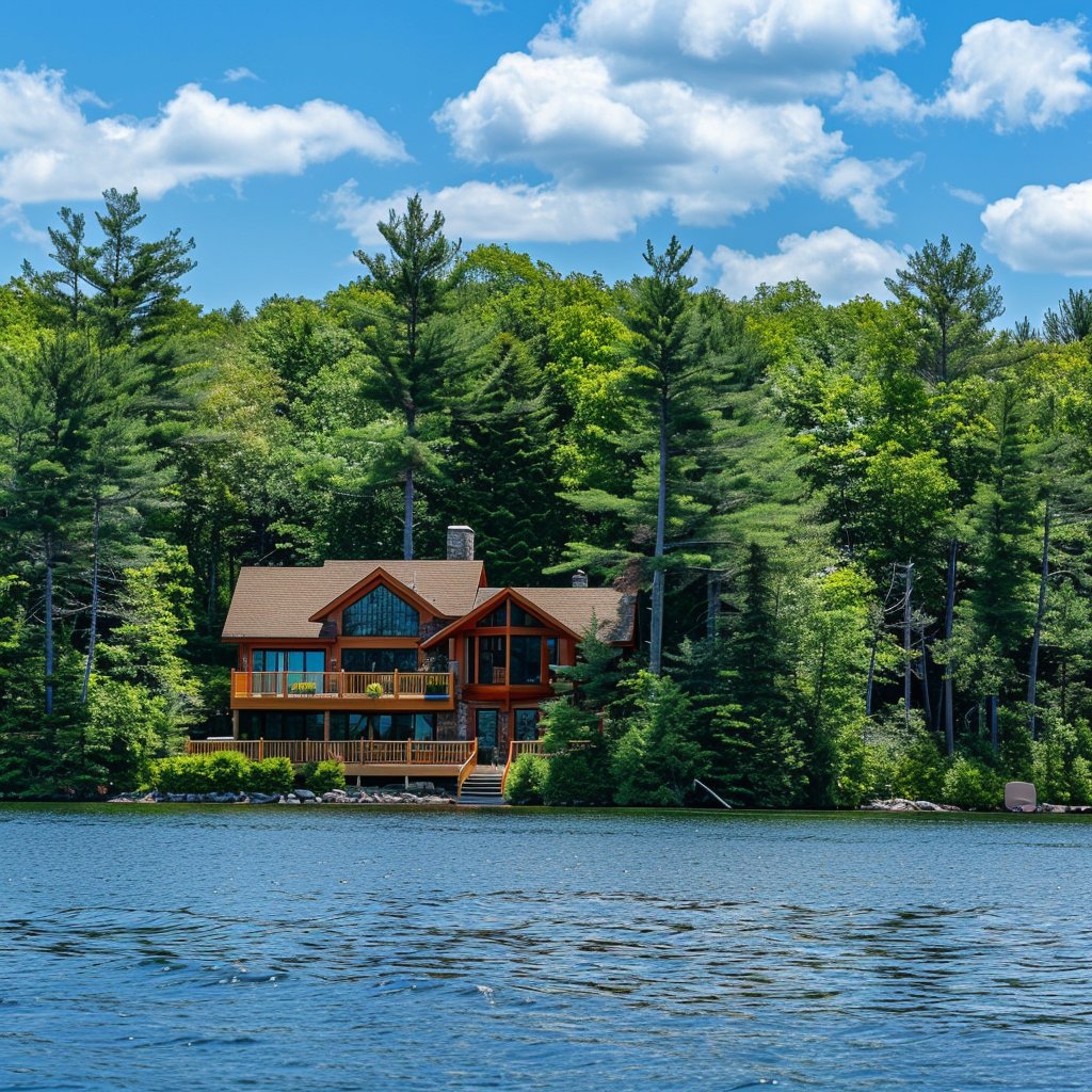 Lakefront house with broad wooden decks, surrounded by evergreens across the water.