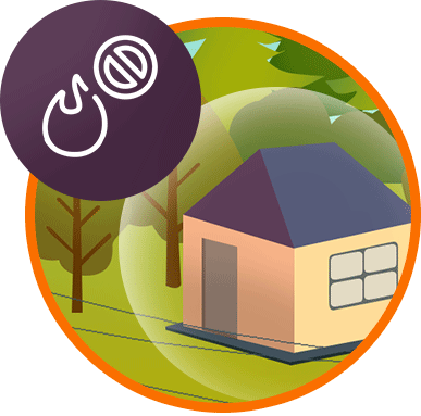 Wildfire-prohibition symbol over a house surrounded by trees