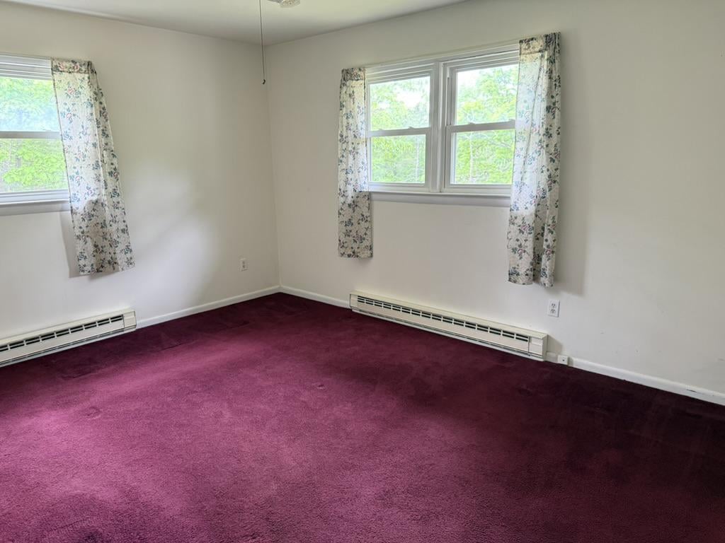 Empty bedroom with burgundy carpet, two curtained windows, and baseboard heaters.
