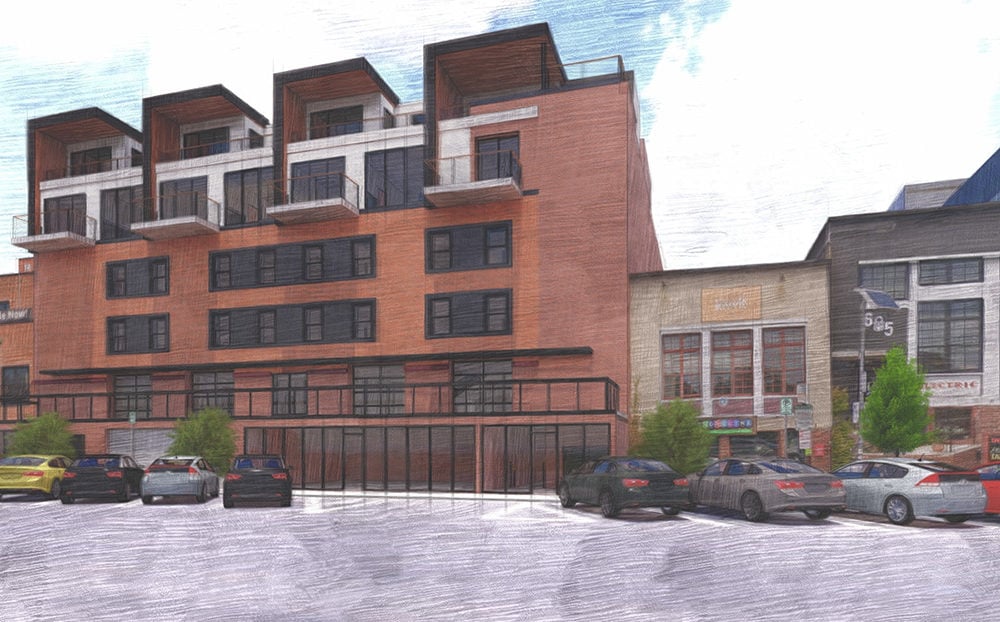 Architectural rendering of a brick mixed-use building with balconies and ground-floor storefronts.
