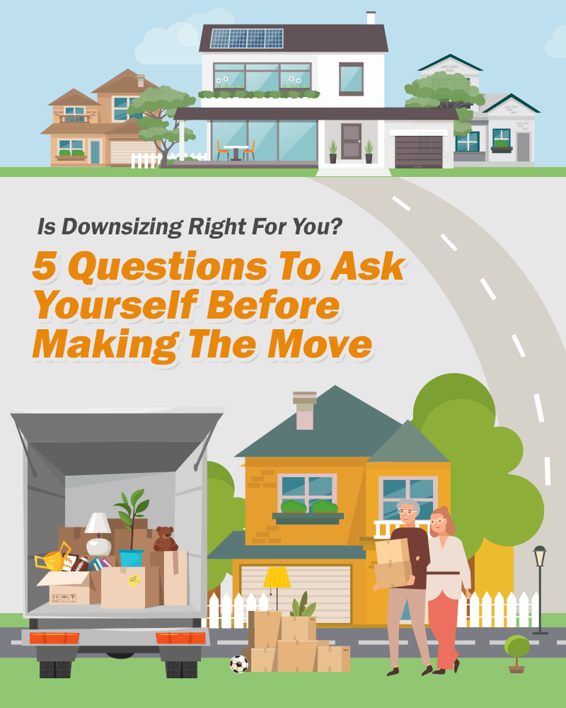 Downsizing article graphic with a moving truck, two people, and houses.