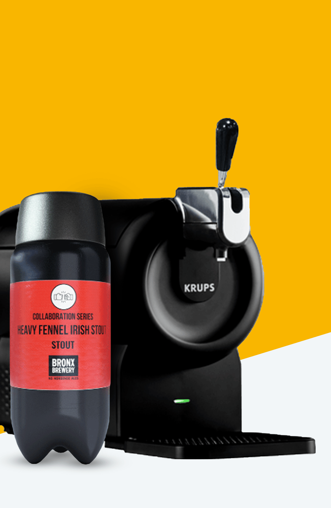 KRUPS beer dispenser beside a bottle of Heavy Fennel Irish Stout.