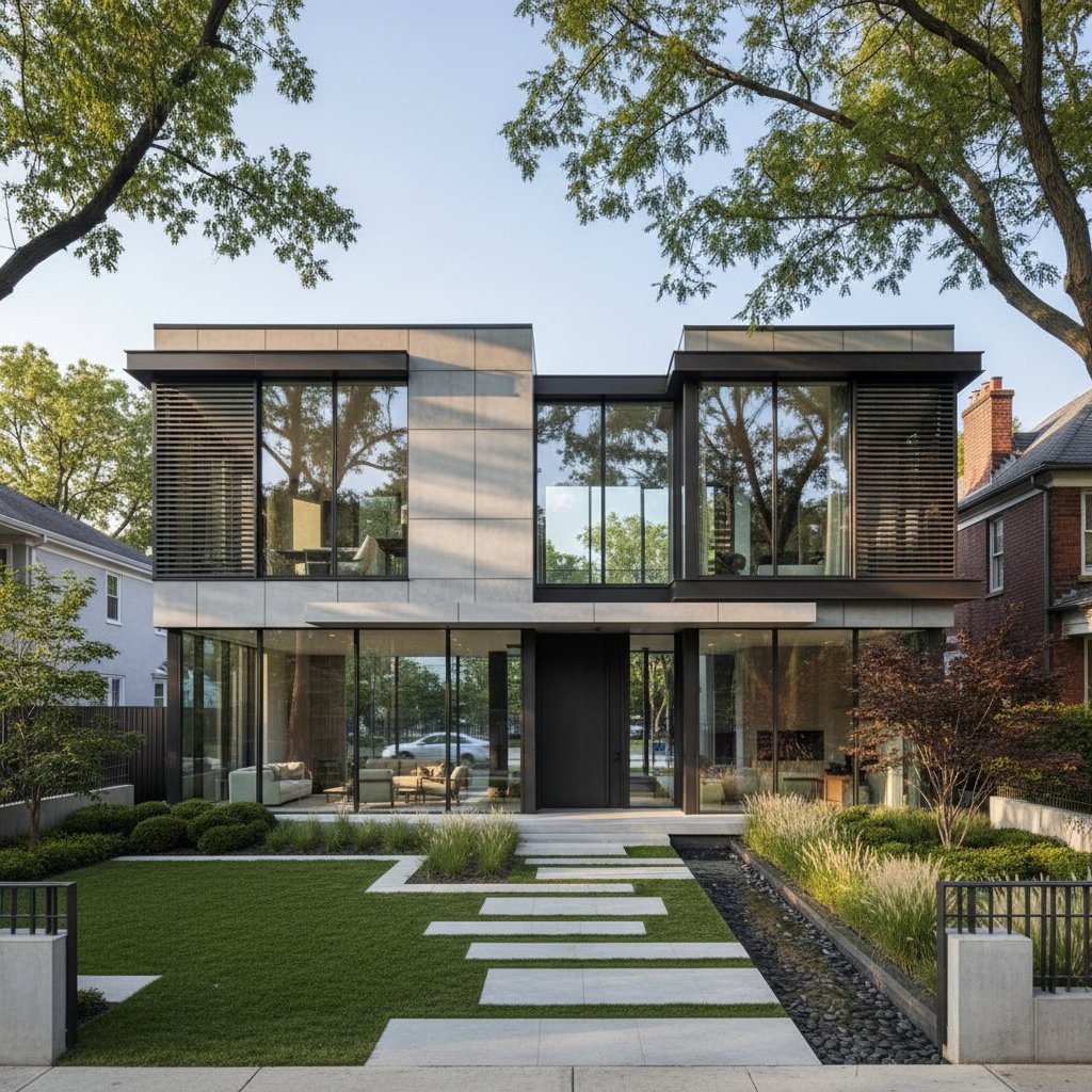 A striking modern luxury home with extensive glass, clean lines, and minimalist landscaping, set against a clear sky, embodying contemporary architectural elegance.