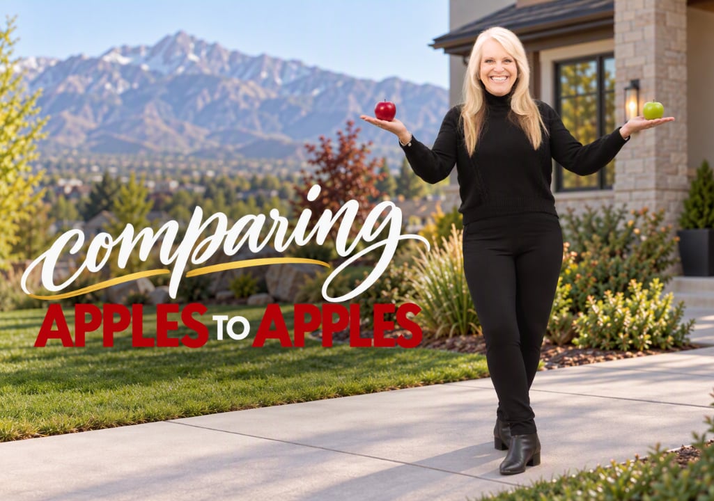 Sharla Ellis holding a red apple and a green apple in front of a Utah home for a blog about comparing mortgage rates and loan options.
