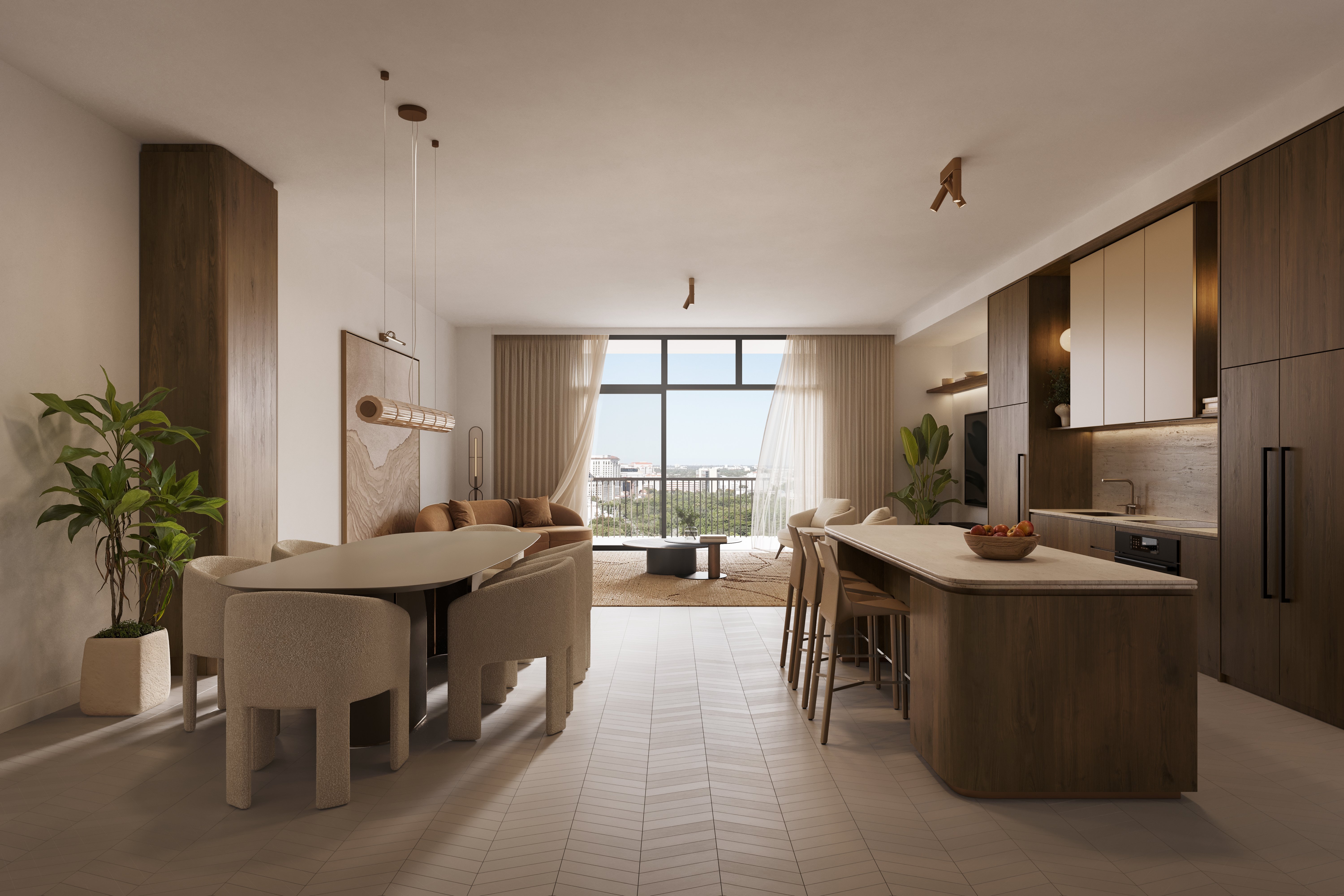 Rendering of an open-plan kitchen and living area at Cora with a large island and floor-to-ceiling windows