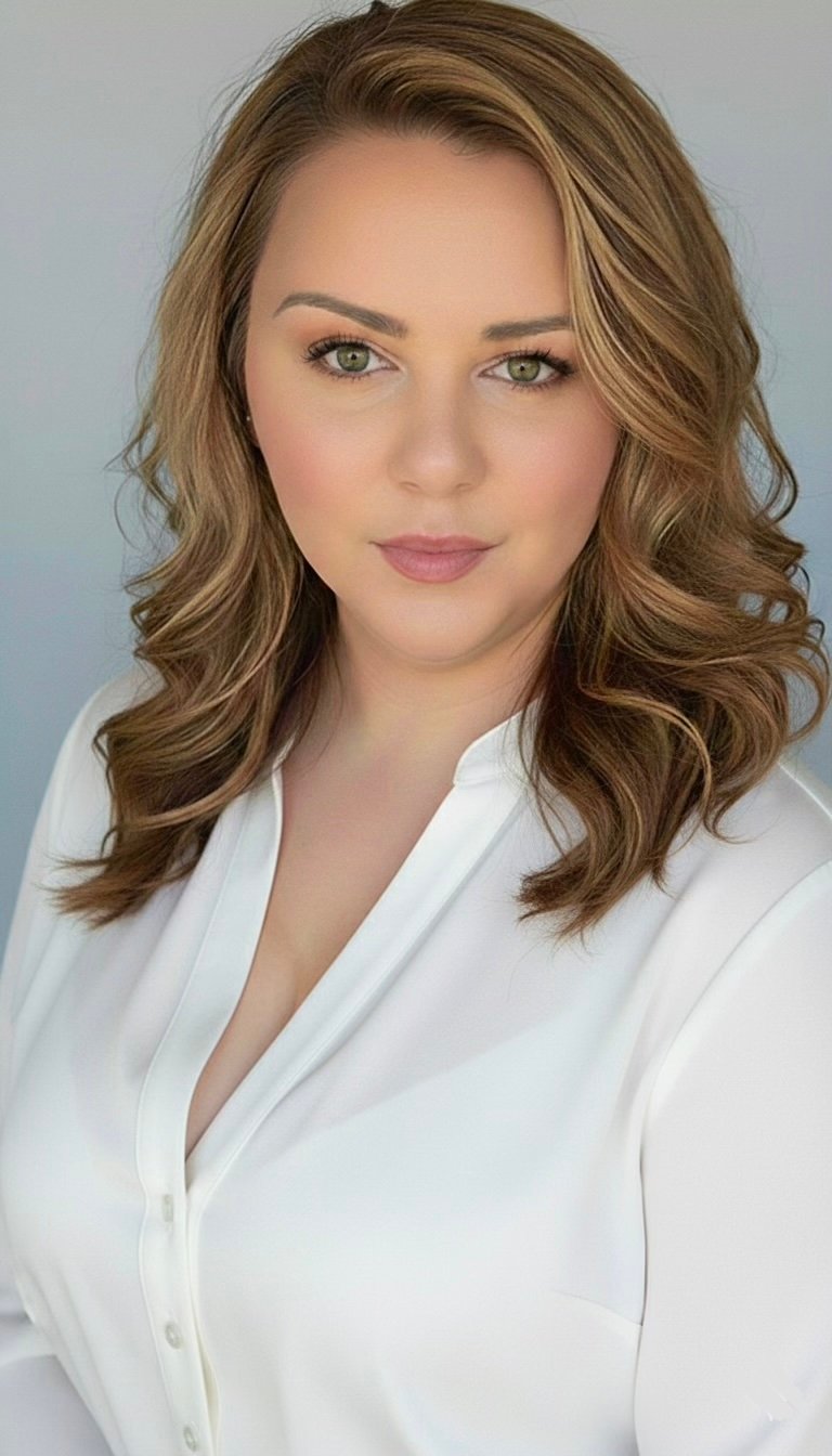 Violeta Nikac in a white blouse, with long highlighted brown hair.