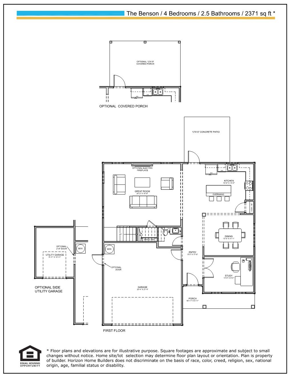 Benson first-floor plan with great room, kitchen, dining area, study, garage, and optional covered porch.